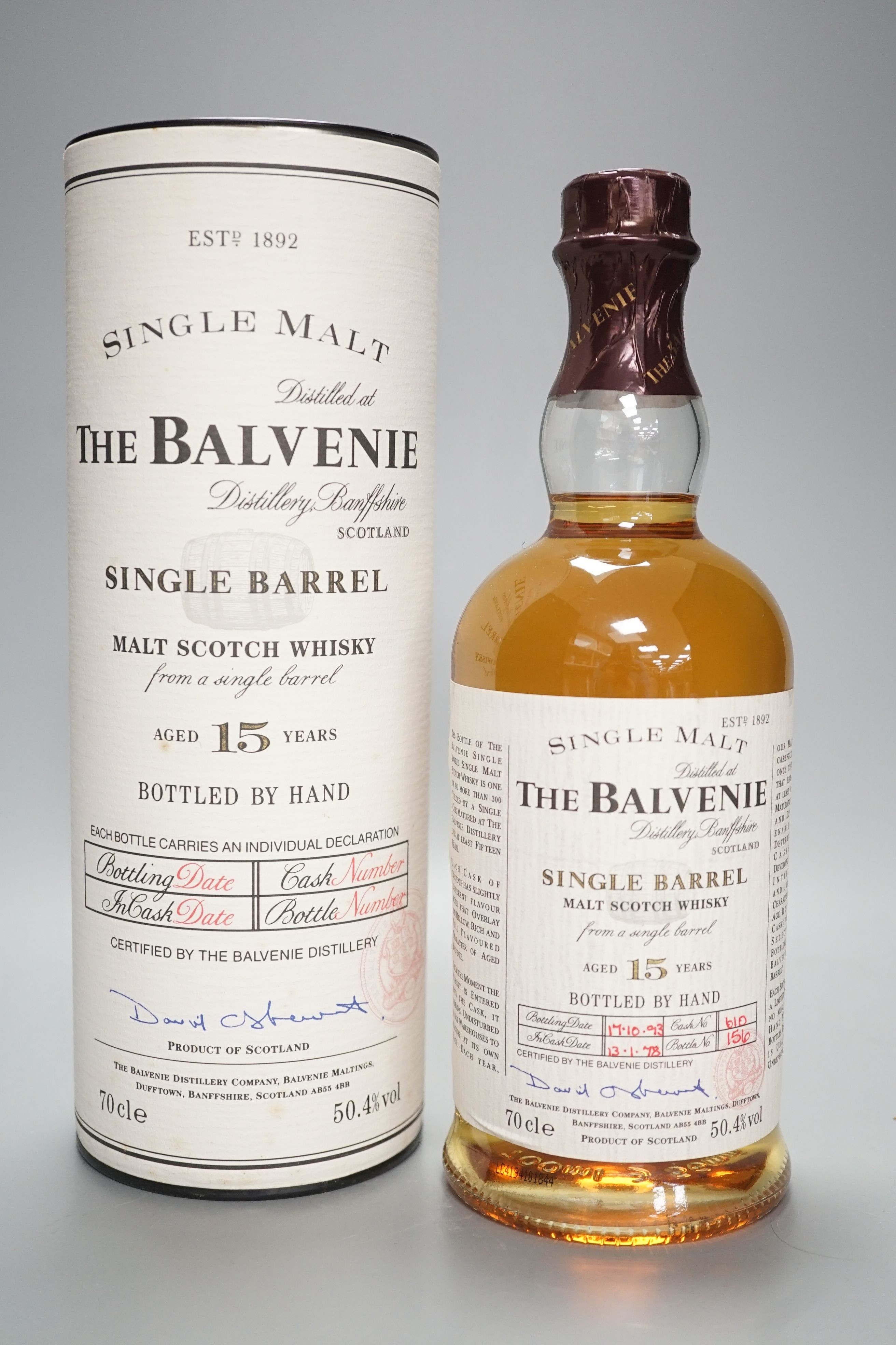 The Balvenie, a single boxed bottle of whisky, aged 15 years, bottle date 17.10.93, cask no. 610, in cask date 13.1.78, bottle no. 156